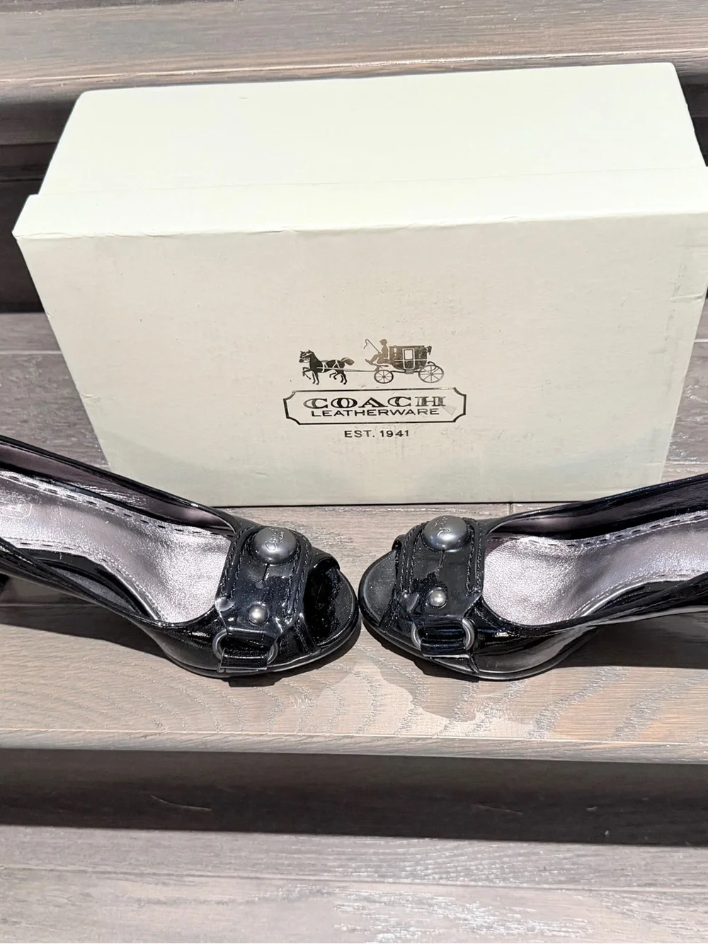 Coach Black Patent Peep-Toe Heels with Logo Button Detail